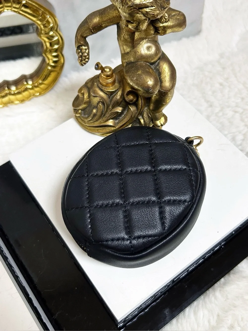 Authentic Chanel 19 CC Round Diamond Quilted Coin Pouch / Bag Charm